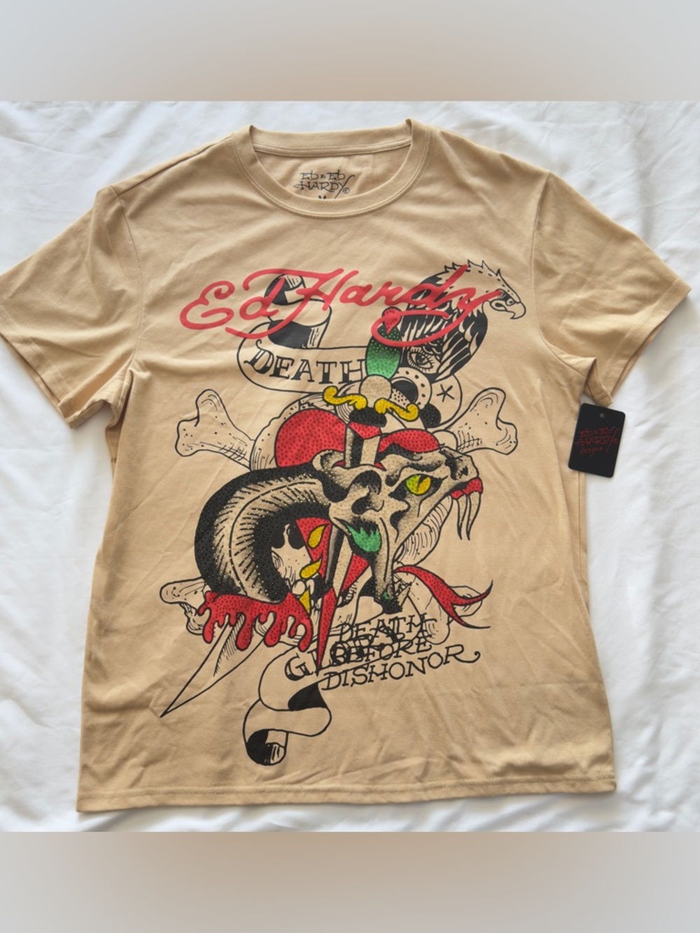 Ed Hardy Tan Short-Sleeve Tee with Multicolor Tattoo Skull Graphic